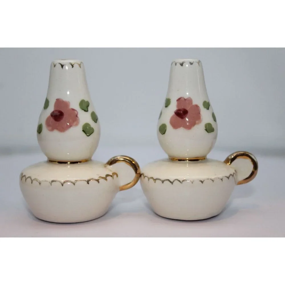 Salt & Pepper Shakers - Vintage Poinsettia Studios CA Ceramic Lanterns & Tray